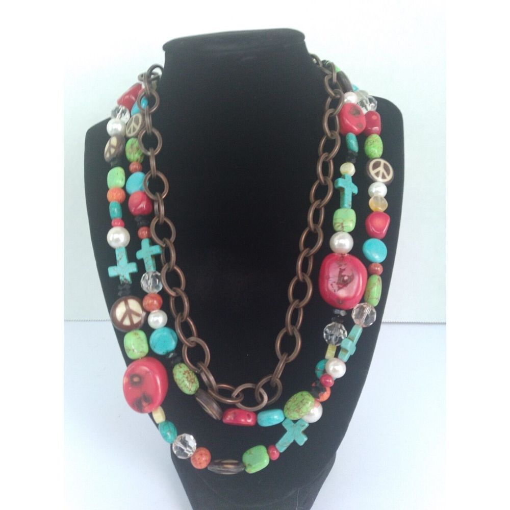 Boho Peace‎ Sign Cross Beaded Double Chain Necklace Turquoise Red Green Jewelry